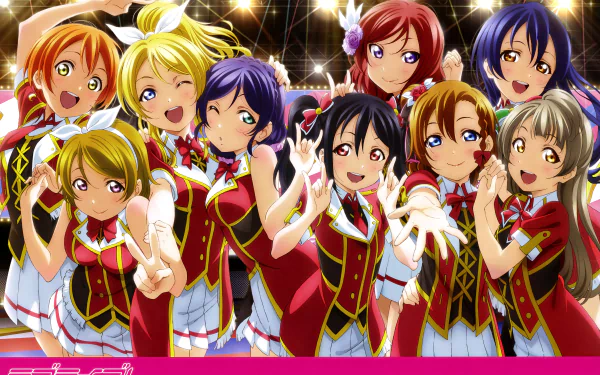 Anime characters Umi Sonoda, Rin Hoshizora, Nozomi Tojo, Nico Yazawa, Maki Nishikino, Kotori Minami, Honoka Kousaka, Hanayo Koizumi, and Eri Ayase from Love Live! in vibrant 8K Ultra HD.