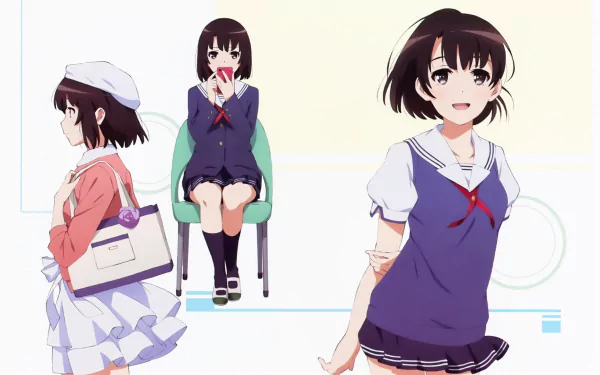 4K Ultra HD wallpaper featuring Megumi Katō from the anime Saekano: How to Raise a Boring Girlfriend in three different poses against a light background.