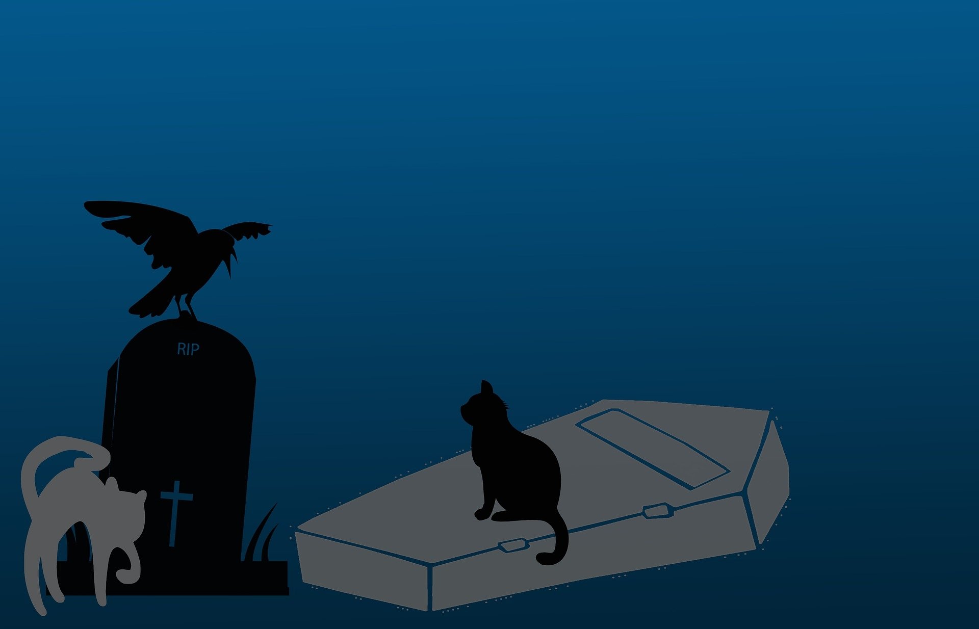 HD desktop wallpaper showing a dark raven perched on a grave, two cats nearby, and a coffin, set against a deep blue background with a Halloween holiday theme.