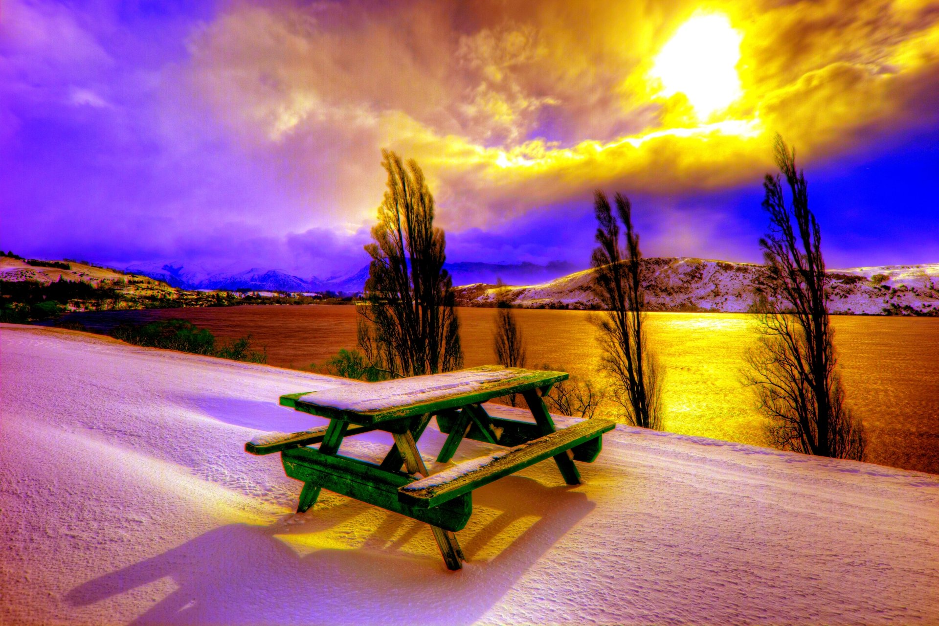 Download Lake Sunset Snow Picnic Table Photography Winter Winter Sunset 4k Ultra HD Wallpaper
