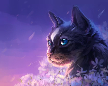 A fantasy-themed HD desktop wallpaper featuring a close-up of a cat with striking blue eyes surrounded by soft purple flowers.