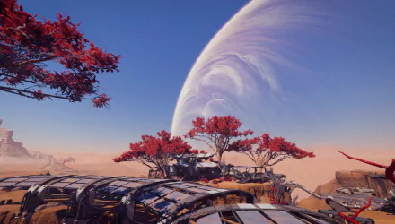 HD desktop wallpaper and background featuring a stunning landscape scene from the video game Mass Effect: Andromeda, showcasing red-leaved trees, futuristic structures, and a massive planet in the sky.