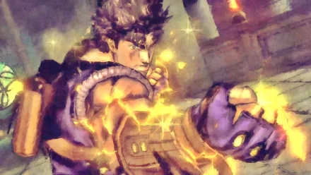 HD PC desktop wallpaper of Jonathan Joestar (JoJo's Bizarre Adventure): muscular figure in purple gloves unleashing golden energy, painted in a dramatic, high-contrast anime style.