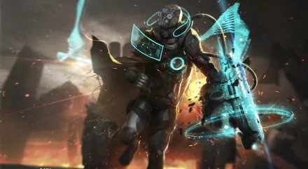 HD sci-fi desktop wallpaper featuring a cyborg warrior wielding an advanced weapon, surrounded by glowing holographic elements in a dynamic battle scene.