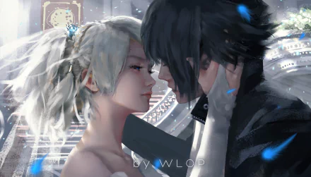 HD wallpaper featuring Lunafreya Nox Fleuret and Noctis Lucis Caelum from Final Fantasy XV in an intimate, close moment. The artwork captures the emotions and connection between the characters.