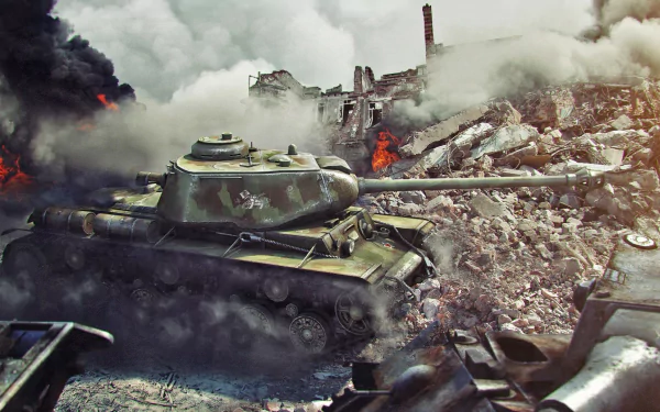 HD desktop wallpaper featuring a KV-1 tank in a war-torn urban battlefield from the video game World of Tanks.