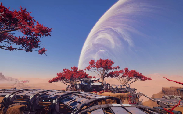 HD desktop wallpaper and background featuring a stunning landscape scene from the video game Mass Effect: Andromeda, showcasing red-leaved trees, futuristic structures, and a massive planet in the sky.