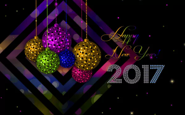Colorful Christmas ornaments hang against a geometric background with the text Happy New Year and 2017. This HD desktop wallpaper exudes festive holiday and New Year celebration vibes.