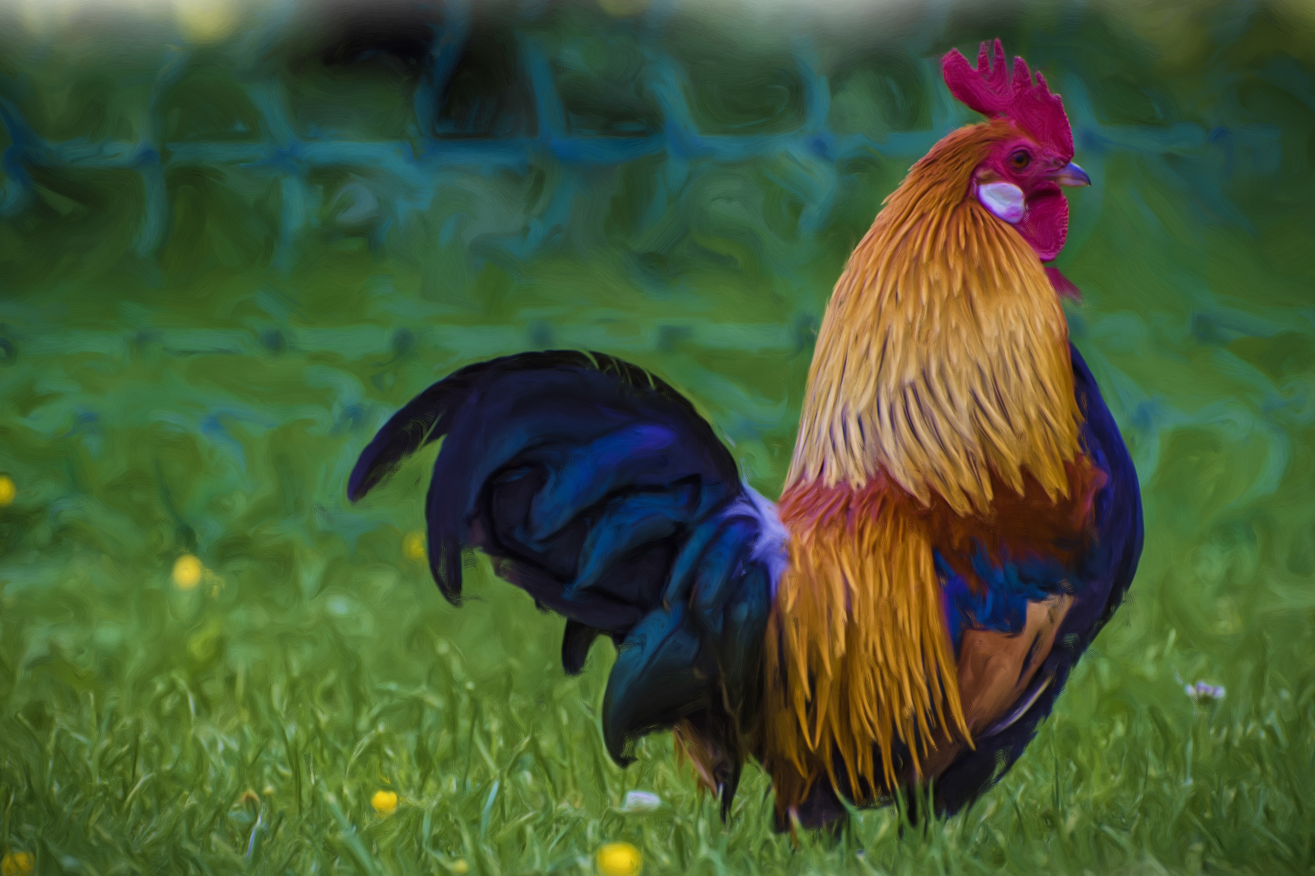 A rooster done with an oil pain filter by Hans Benn