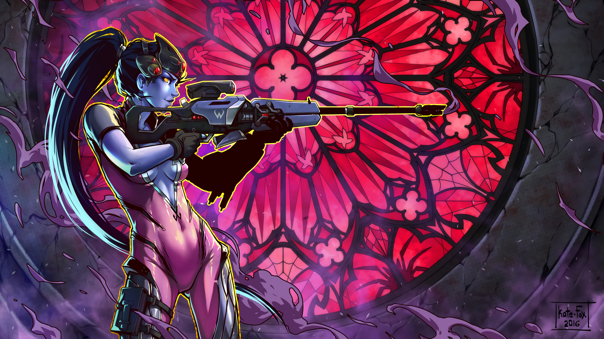 HD desktop wallpaper featuring Widowmaker from the Overwatch video game, poised with her sniper rifle against a vibrant, stained glass background.