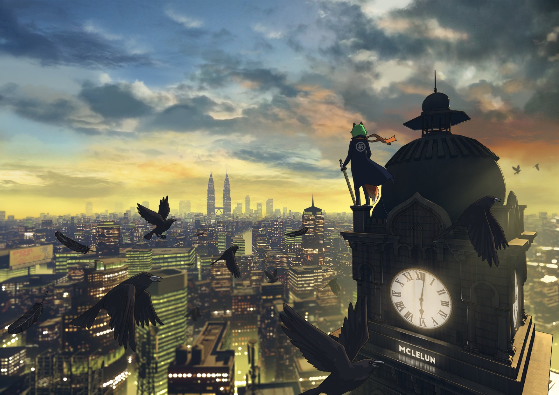 HD anime wallpaper of a cityscape at sunset, featuring a large clock tower with a solitary figure and birds in flight, tagged with bird, city, landscape, Anime, and original anime landscape.