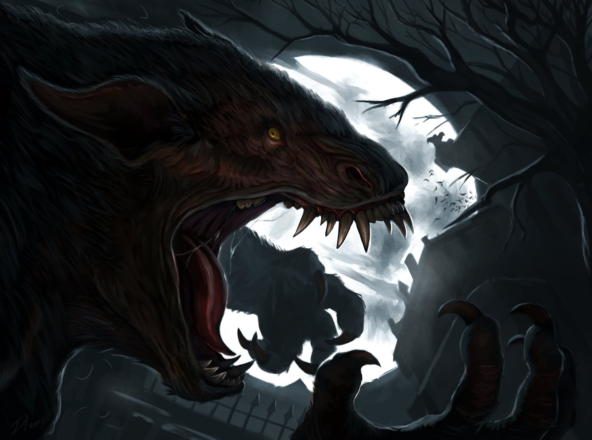 HD desktop wallpaper of a fierce werewolf creature snarling under a bright full moon on a dark, eerie night.