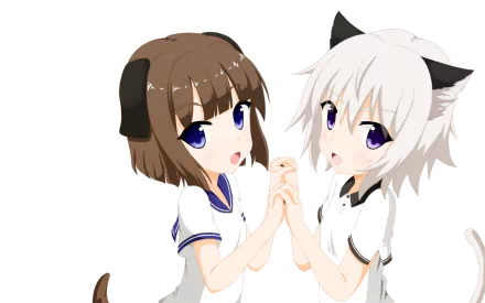 HD desktop wallpaper featuring two anime characters from Death March to the Parallel World Rhapsody, holding hands with animal ears and tails, against a white background.