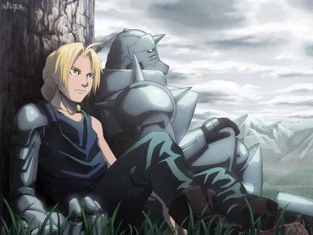 Edward and Alphonse Elric from the anime Fullmetal Alchemist sit against a tree, gazing thoughtfully at a cloudy sky and mountainous landscape. The image serves as a HD desktop wallpaper and background.