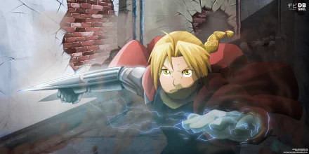HD anime desktop wallpaper featuring Edward Elric from Fullmetal Alchemist in an action pose with lightning effects and a damaged brick wall background.