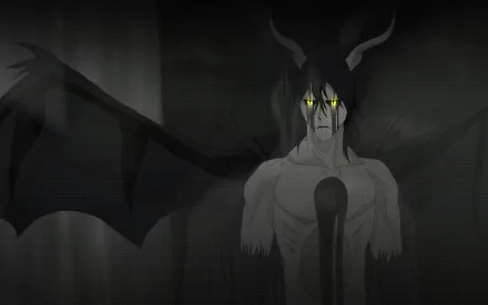 HD desktop wallpaper of Ulquiorra Cifer from the anime Bleach, featuring his ominous form with dark wings and glowing yellow eyes, set against a shadowy background.