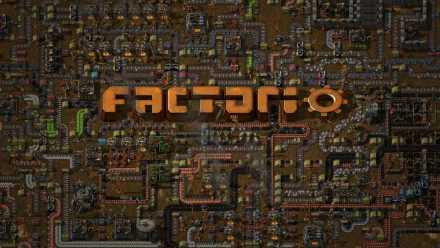 HD desktop wallpaper of Factorio game showing intricate factory layouts with the game's logo centered.