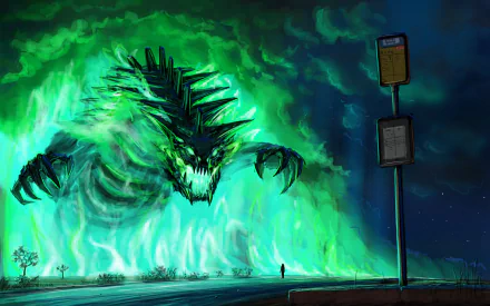 This HD desktop wallpaper shows a giant, fantasy creature engulfed in green fire against a night sky. A lone figure stands nearby, highlighting the beast's immense size.