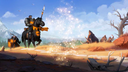 HD desktop wallpaper of a scene from Albion Online featuring a warrior knight on horseback approaching a glowing portal. Mammoths and a vast landscape are visible in the background.