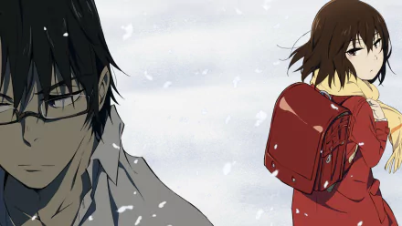 HD wallpaper featuring characters from the anime Erased in a snowy background. The male character appears somber, while the female character looks pensive, with a red backpack on her shoulder.