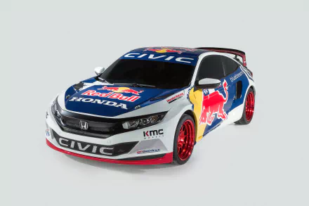 Front three-quarter view of a Honda Civic Coupe Rallycross race car with Red Bull livery and red wheels on a white background, 4K Ultra HD PC desktop wallpaper.