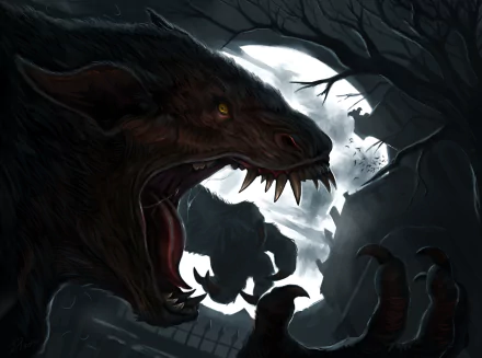 HD desktop wallpaper of a fierce werewolf creature snarling under a bright full moon on a dark, eerie night.