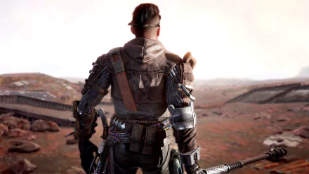 HD desktop wallpaper featuring a character from The Technomancer video game standing in a desolate, Martian landscape.