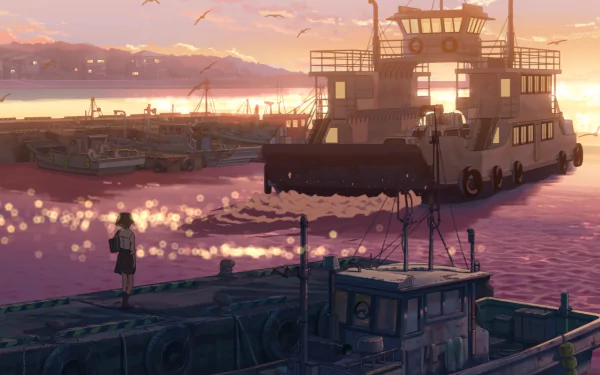 Anime-style HD PC desktop wallpaper Cross Road: a lone figure on a dock watches a ferry at sunset, warm light sparkling on the water with silhouetted boats and distant mountains.
