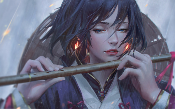Fantasy Women Flute Short Hair Kimono Rain HD Wallpaper | Background Image