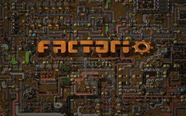 HD desktop wallpaper of Factorio game showing intricate factory layouts with the game's logo centered.