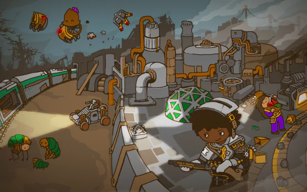 HD desktop wallpaper featuring a Factorio game scene with industrial machinery, characters, and creatures.