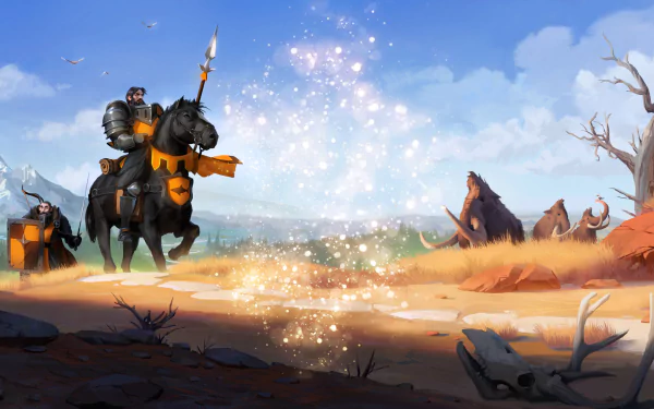 HD desktop wallpaper of a scene from Albion Online featuring a warrior knight on horseback approaching a glowing portal. Mammoths and a vast landscape are visible in the background.