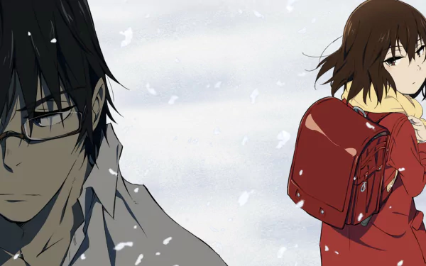 HD wallpaper featuring characters from the anime Erased in a snowy background. The male character appears somber, while the female character looks pensive, with a red backpack on her shoulder.
