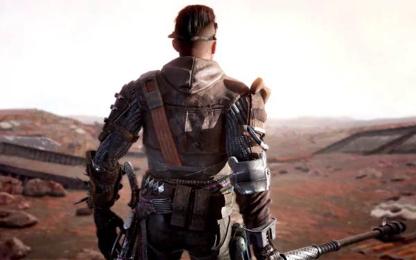 HD desktop wallpaper featuring a character from The Technomancer video game standing in a desolate, Martian landscape.