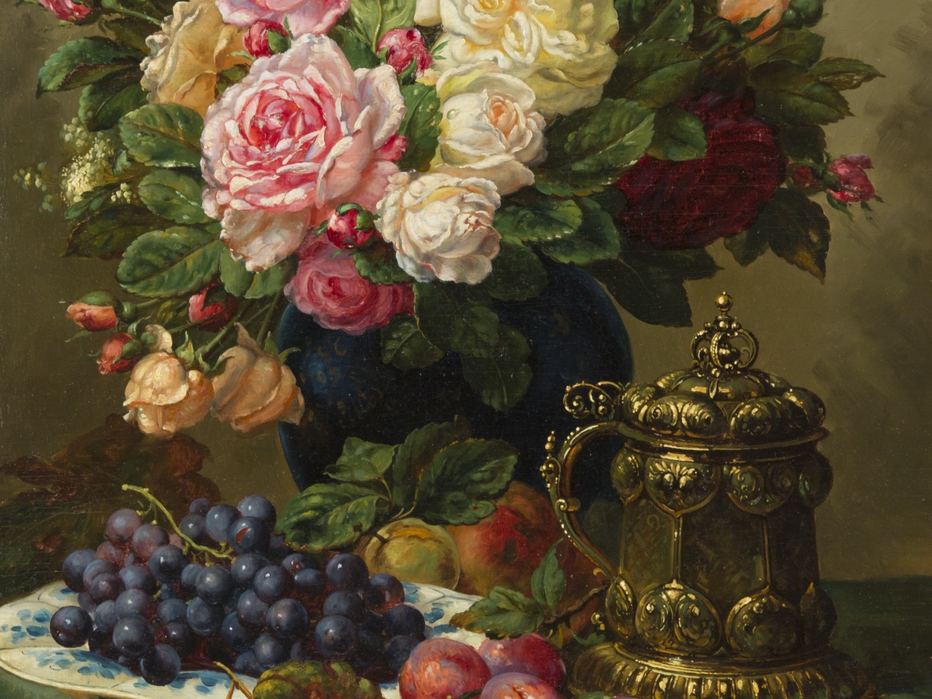 Artistic still-life painting of colorful flowers in a blue pitcher beside an ornate gold tankard and fruit; high-resolution 2K Quad HD PC desktop wallpaper and background.