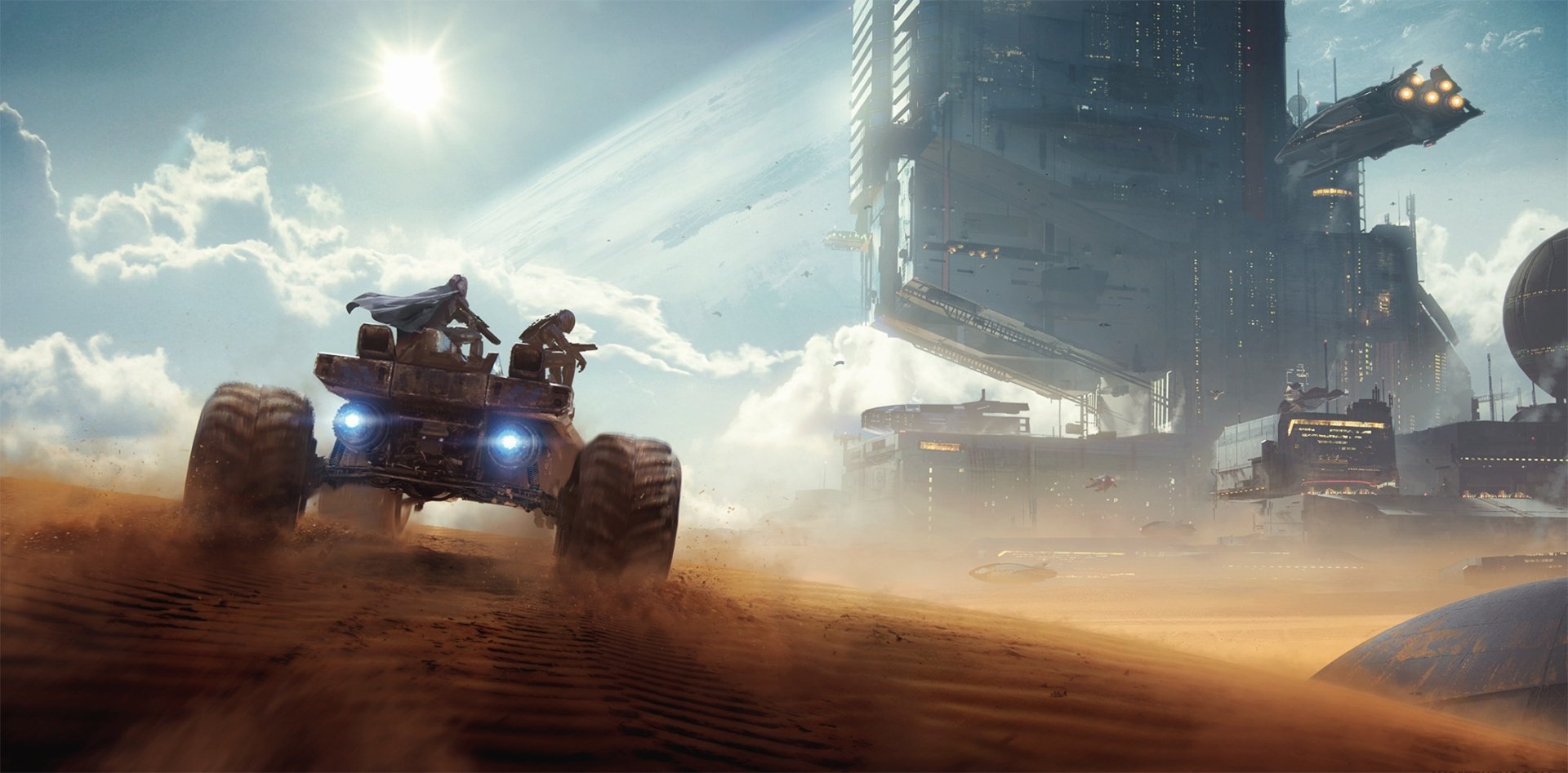 Futuristic vehicle traverses a sandy landscape near a towering sci-fi building under a bright sun, captured in HD for a PC desktop wallpaper background.