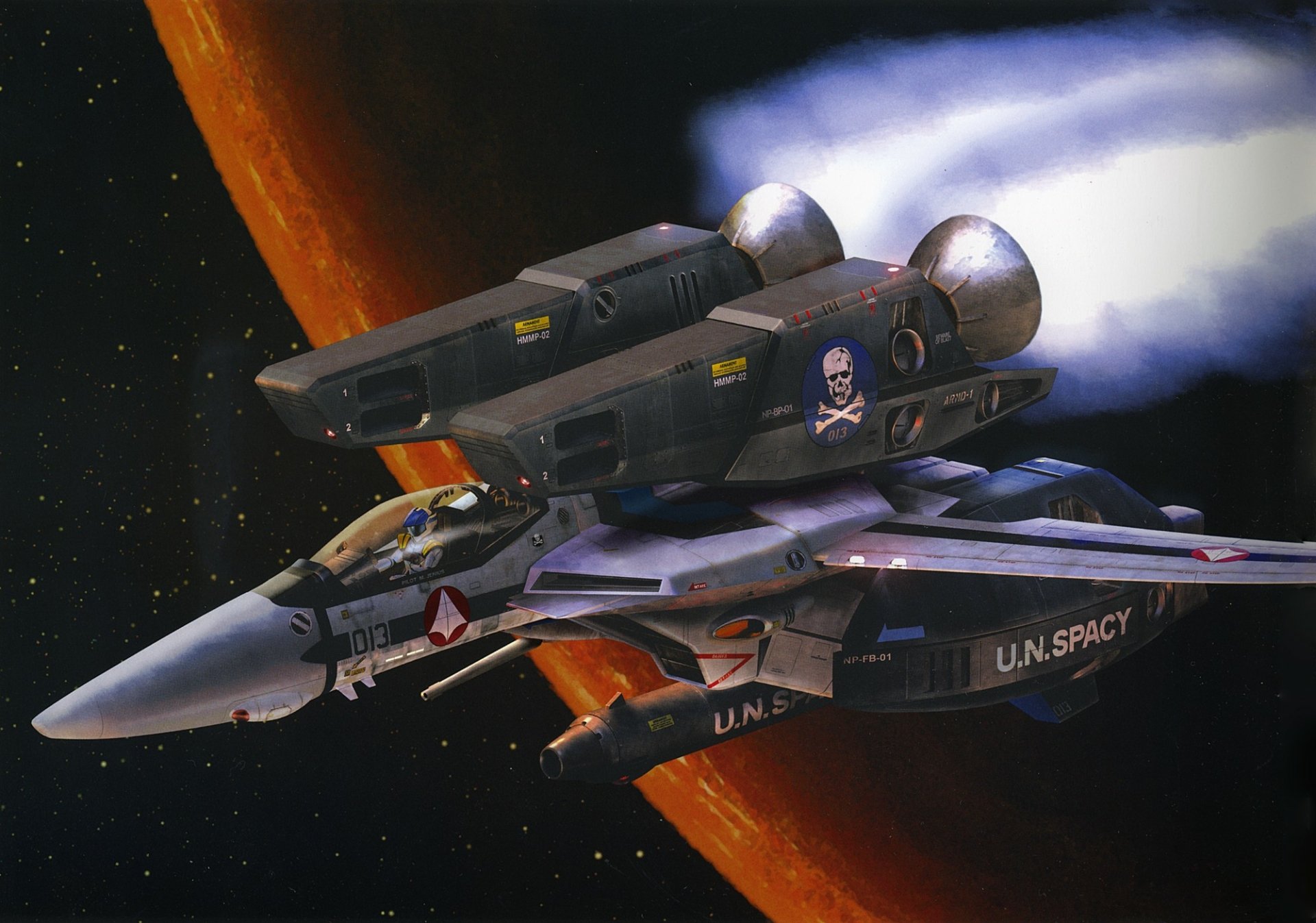 HD PC desktop wallpaper featuring an anime-style fighter jet from Macross, flying in space with a planet and stars in the background.