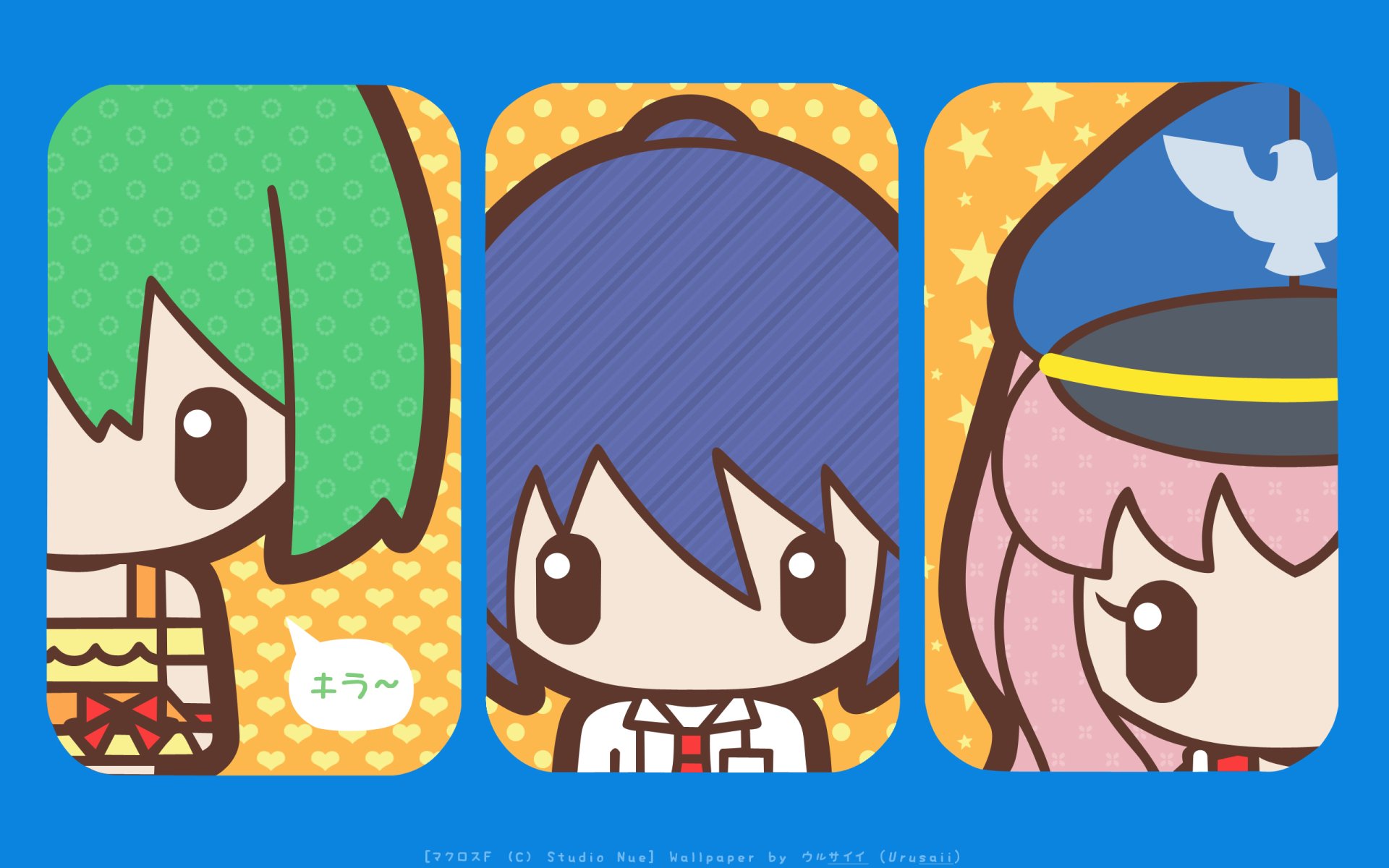 Anime Macross chibi trio (green, blue, pink hair) in rounded panels on a bright blue backdrop — 2K Quad HD PC desktop wallpaper and background.