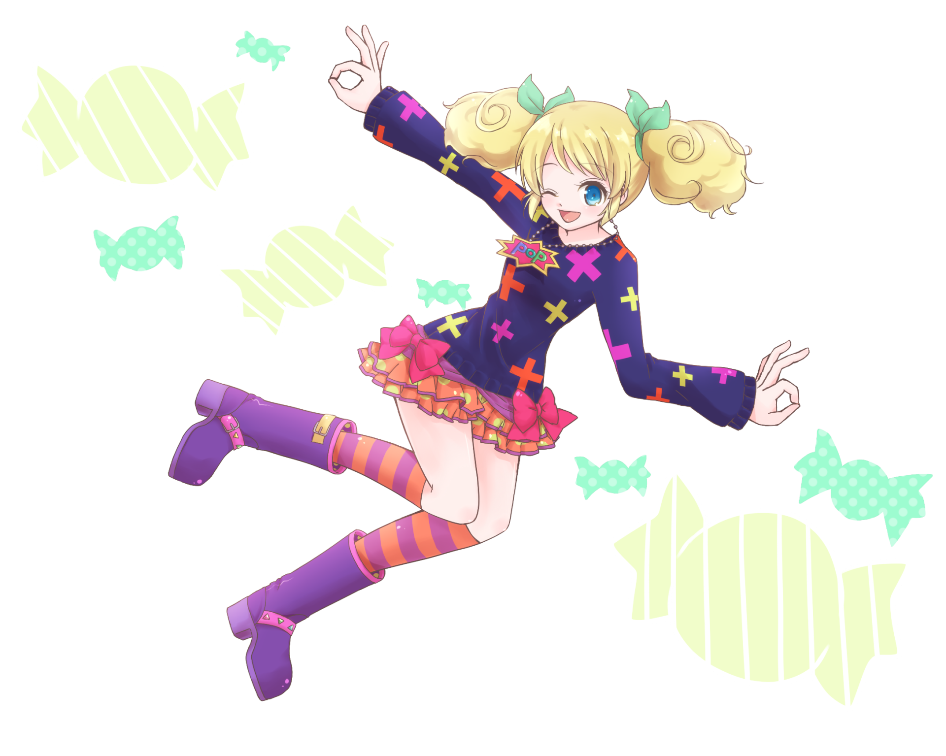 HD PC desktop wallpaper featuring a vibrant anime character from Aikatsu! with blonde twin-tails, colorful outfit, and dynamic pose against a bright background.