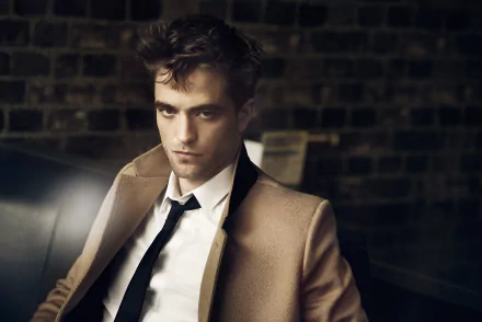 Actor Robert Pattinson in a stylish suit and tie, sitting against a brick wall backdrop. This high-definition image makes an excellent desktop wallpaper and background.