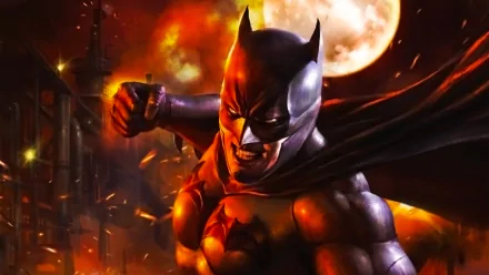 HD PC desktop wallpaper featuring Batman from the DC Comics movie Batman: Bad Blood, with a fiery background and a full moon illuminating the scene.