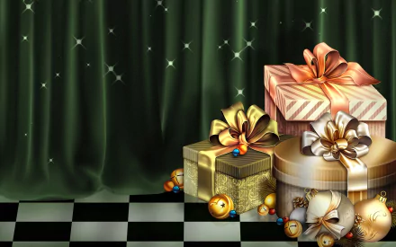 A festive HD desktop wallpaper featuring wrapped Christmas gifts adorned with bows, holiday ornaments, and a backdrop of a green curtain with star-like highlights on a checkered floor.