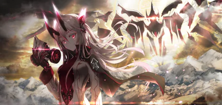 HD desktop wallpaper of an original anime character with white hair and red accents, holding a device, against a dramatic mountainscape with a futuristic, winged figure in the background.
