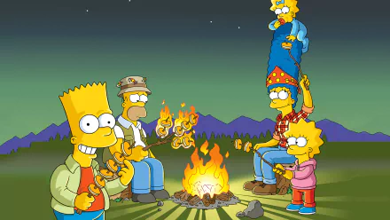 The Simpsons family—Homer, Marge, Bart, Lisa, and Maggie—gather around a campfire under a starlit sky, creating a fun and cozy atmosphere in this vibrant HD desktop wallpaper.
