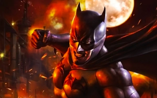 HD PC desktop wallpaper featuring Batman from the DC Comics movie Batman: Bad Blood, with a fiery background and a full moon illuminating the scene.