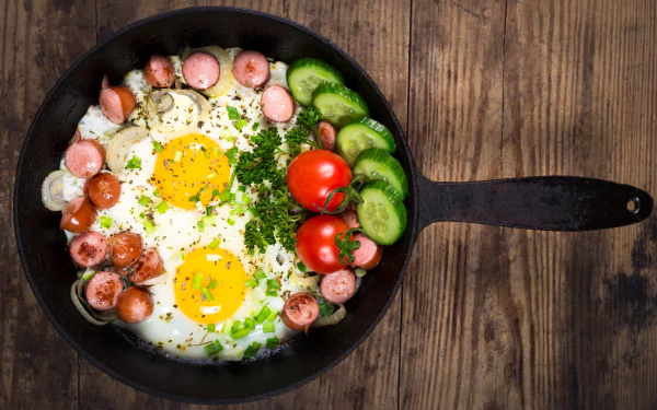 5K Ultra HD PC desktop wallpaper: a skillet with two sunny-side-up eggs, sliced sausages, cucumber rounds and cherry tomatoes on a rustic wooden background.