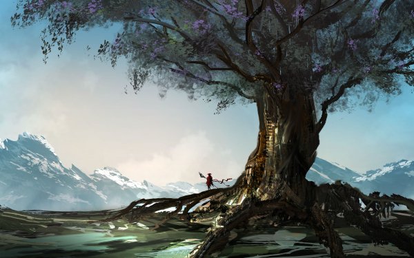 Fantasy Landscape Mountain Tree HD Wallpaper | Background Image