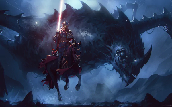 A dark fantasy scene featuring a knight in armor wielding a glowing lance, standing boldly against a massive, menacing creature. This HD wallpaper showcases epic fantasy warrior themes.