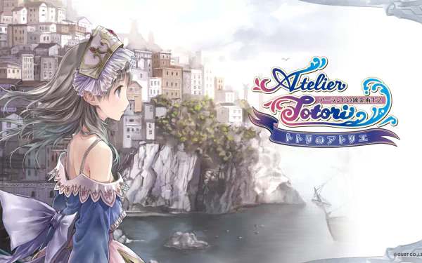 HD PC desktop wallpaper and background for the video game Atelier Totori: Totori stands on a cliff, gazing at a seaside village and calm ocean in soft pastels, the game logo on the right.