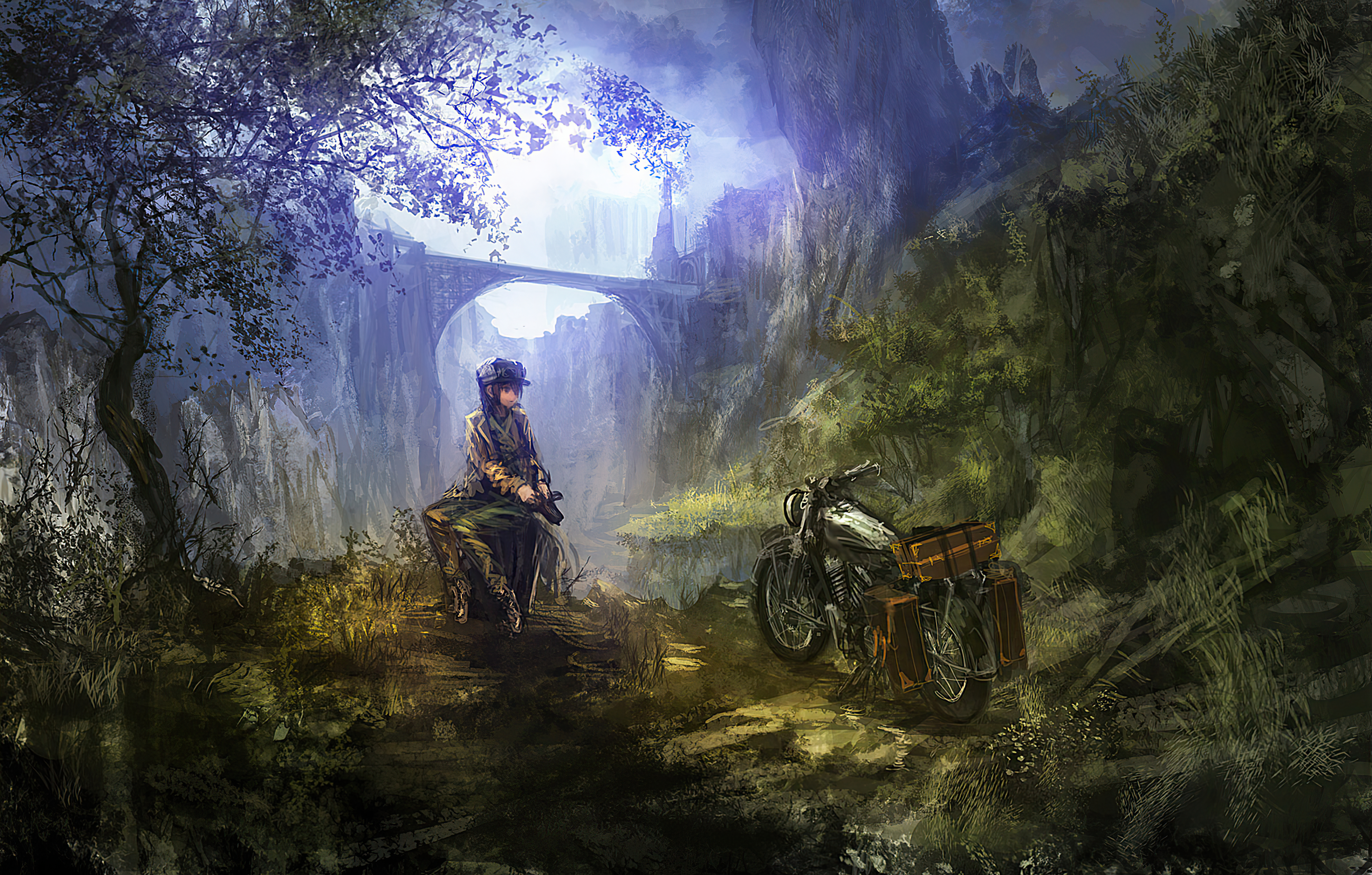 Wallpaper Scenic, Kino, Artwork, Castle, Hermes, Motorcycle, Kino No Tabi -  Resolution:2412x1536 - Wallpx